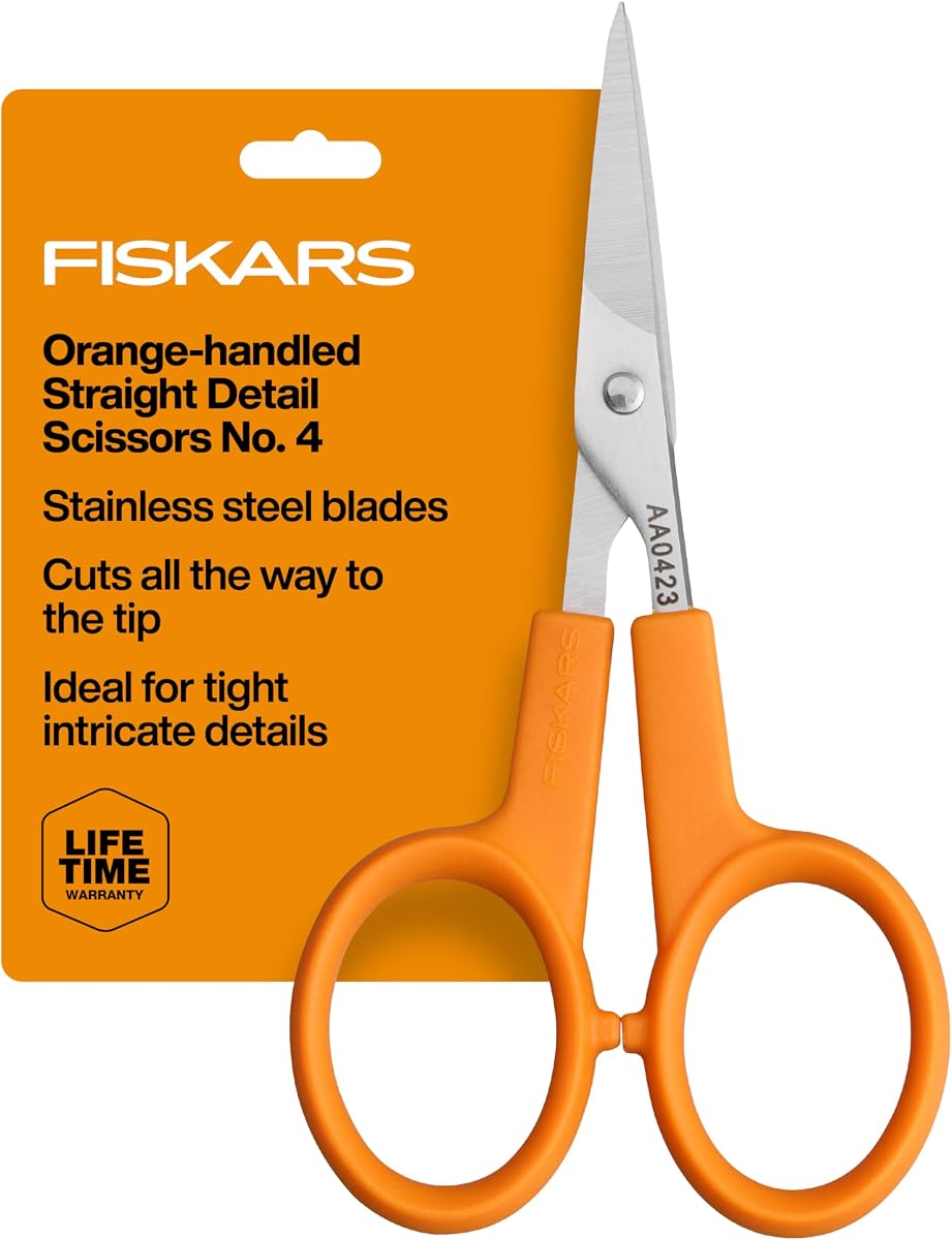 4" Orange-Handled No. 4 Straight Detail Scissors, Precision Stainless Steel Blades, Ambidextrous Double-Loop Handle, Sewing & Crafting Scissors for Tight Patterns & Complex Detail Cutting