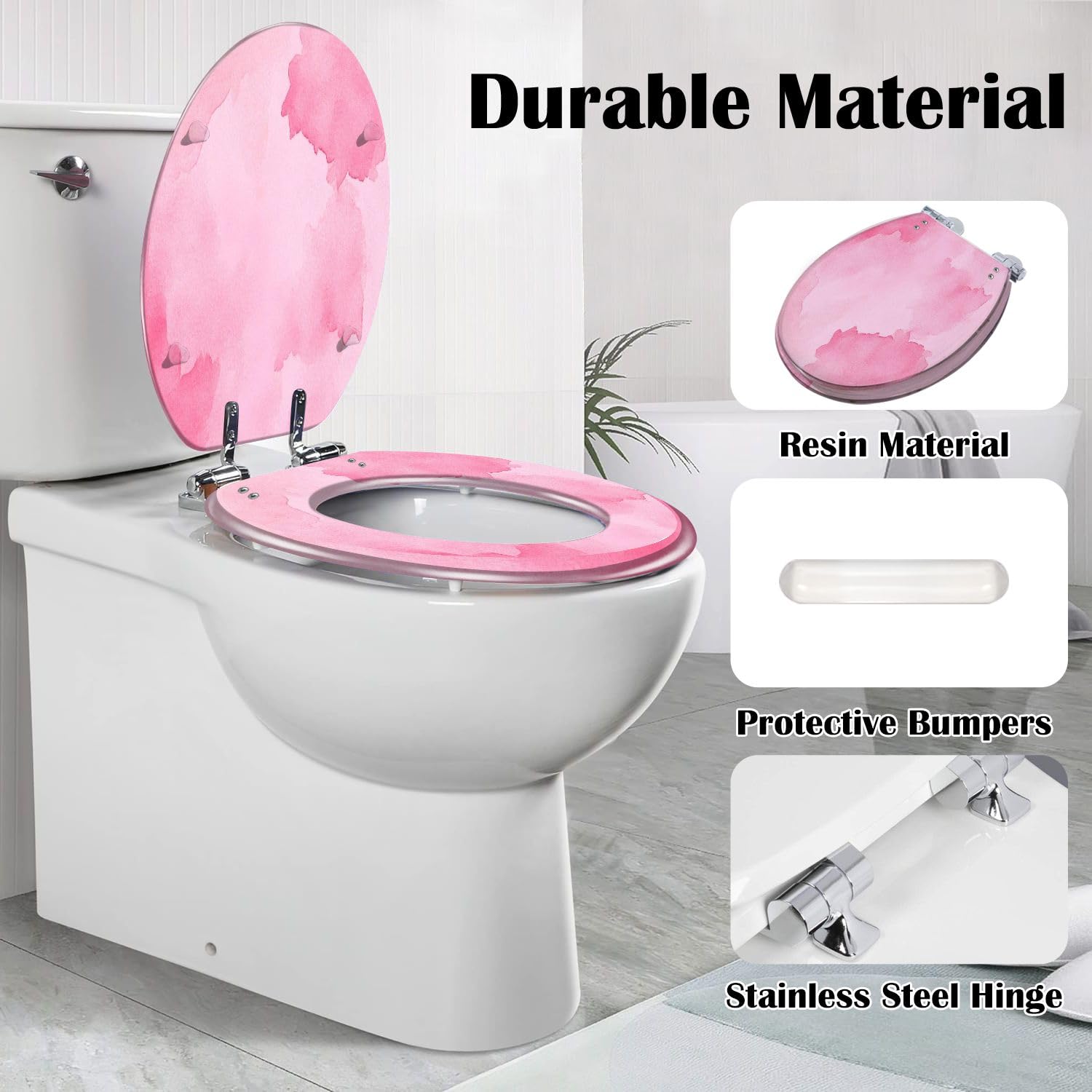 Asiento de inodoro alargado de resina con cierre suave para baño.
