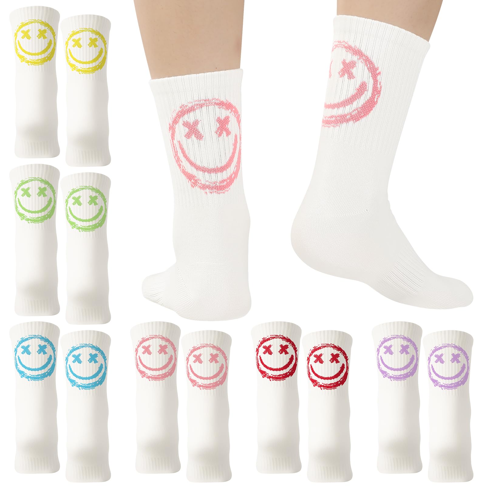 Utensilsto 6 Paar Tennissocken Damen & Herren 38-42 Sportsocken Baumwolle Socken mit Smilie Motiv Lustige Verrückte Socken Smile Crew Socks für Lauf Tennis Sport