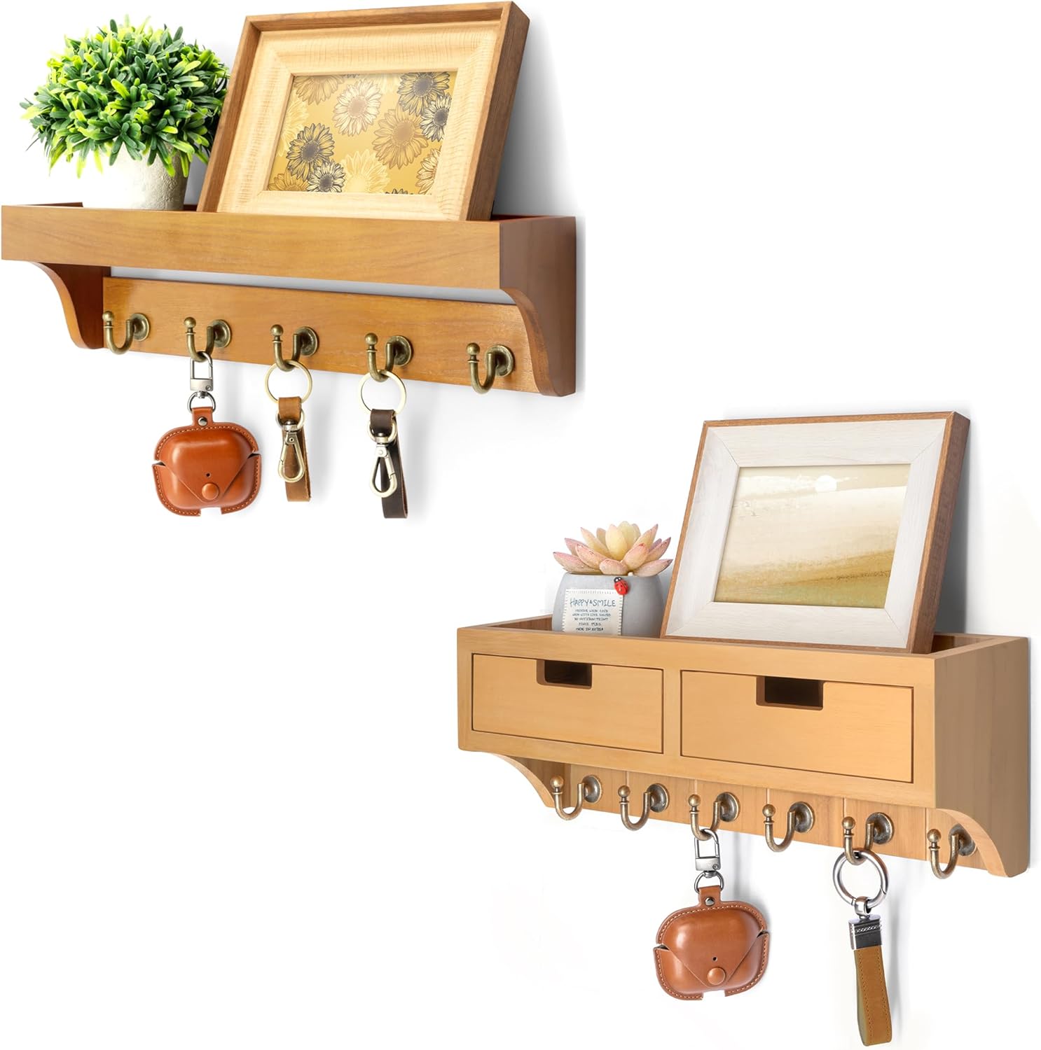 Rebee Vision Modern Farmhouse Key Holder Wall Mount Bundle - Key Holder with 2 Drawer Storage and Mail Organizer with Floating Shelves - Rustic Home Decor for Entryway and Hallway (Light Brown)