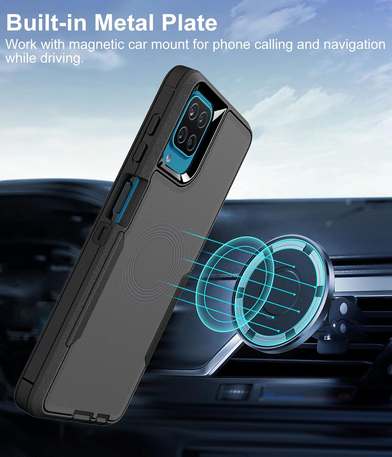 Dahkoiz for Samsung Galaxy A12 Case with Tempered Glass Screen Protector and Dustproof Cap, Support Magnetic Car Mount, Full Body Silicone Rubber Phone Case for Samsung Galaxy A12 5G, Black