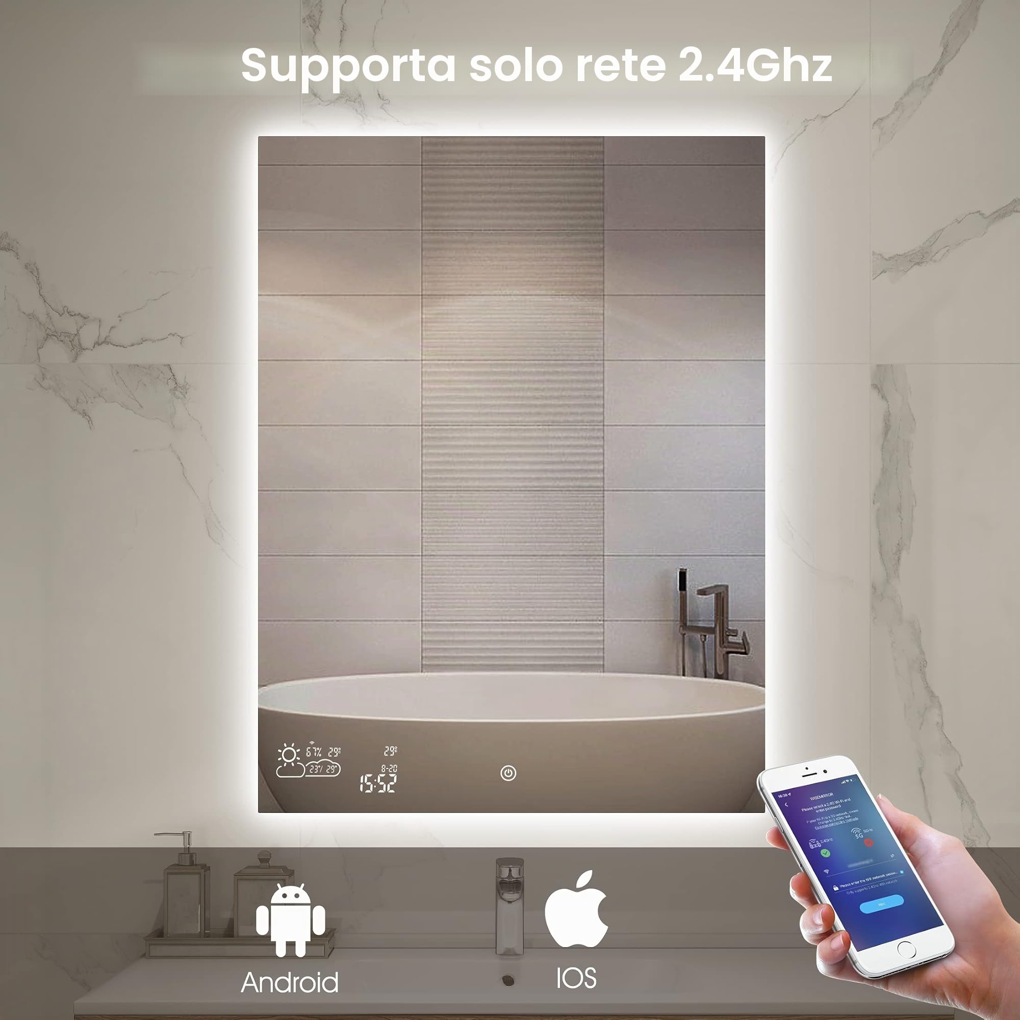 byecold Specchio da bagno a LED, anti-appannamento, 60 x 80 cm, con interruttore touch, stazione meteo WiFi e data, Smart Mirror, verticale