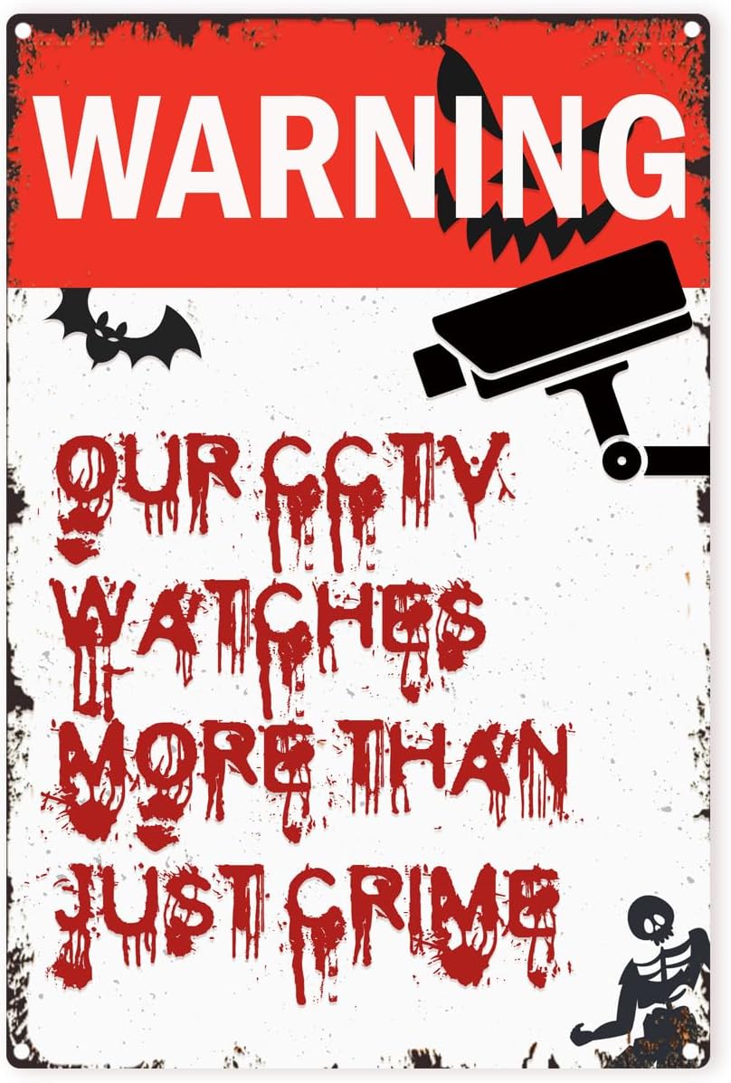 Halloween Funny Party Decoration Retro Chic Metal Deco Tin Signs for Halloween for Outdoor Yard or Indoor Cafe Bar Shop-Warning CCTV- 8x12 Inch