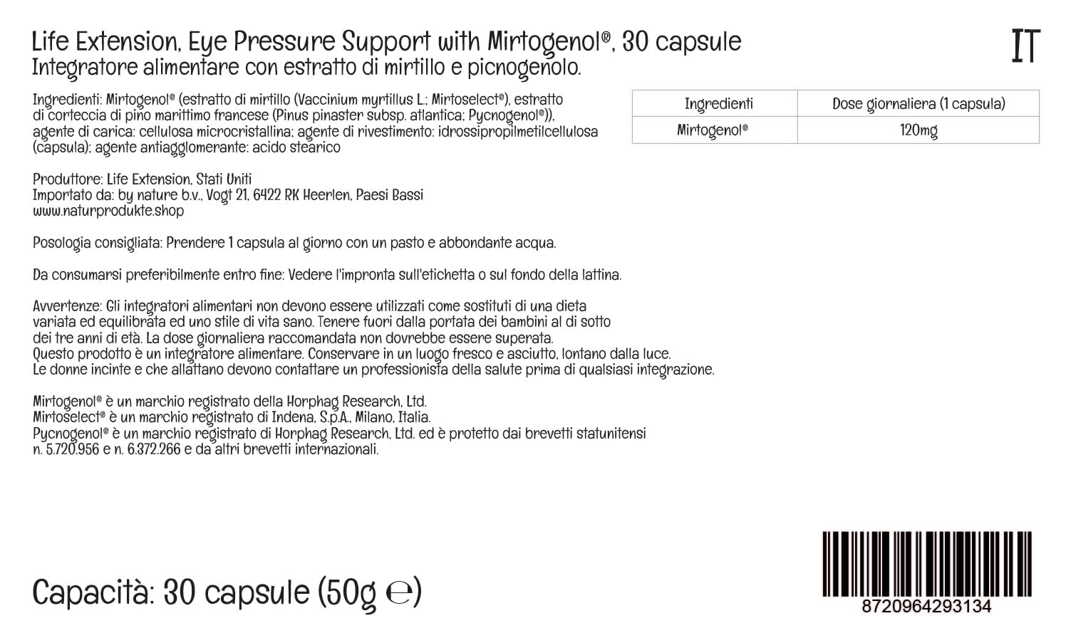 Life Extension, Eye Pressure Support with Mirtogenol, Extracto de Arándano y Pycnogenol, 30 Cápsulas veganas, Testado en Laboratorio, Sin Gluten, Vegetariano, Sin Soja, No GMO