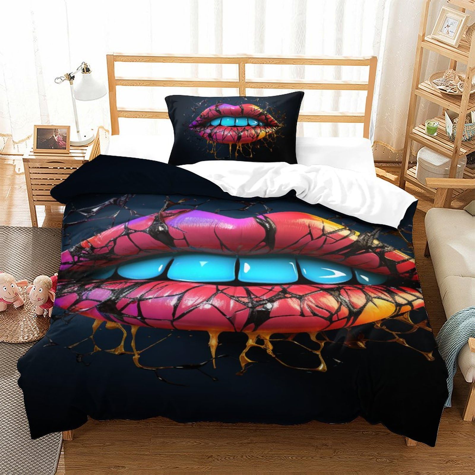 Housse de couette 3D lèvres parure de lit microfibre 135x200cm literie ado single