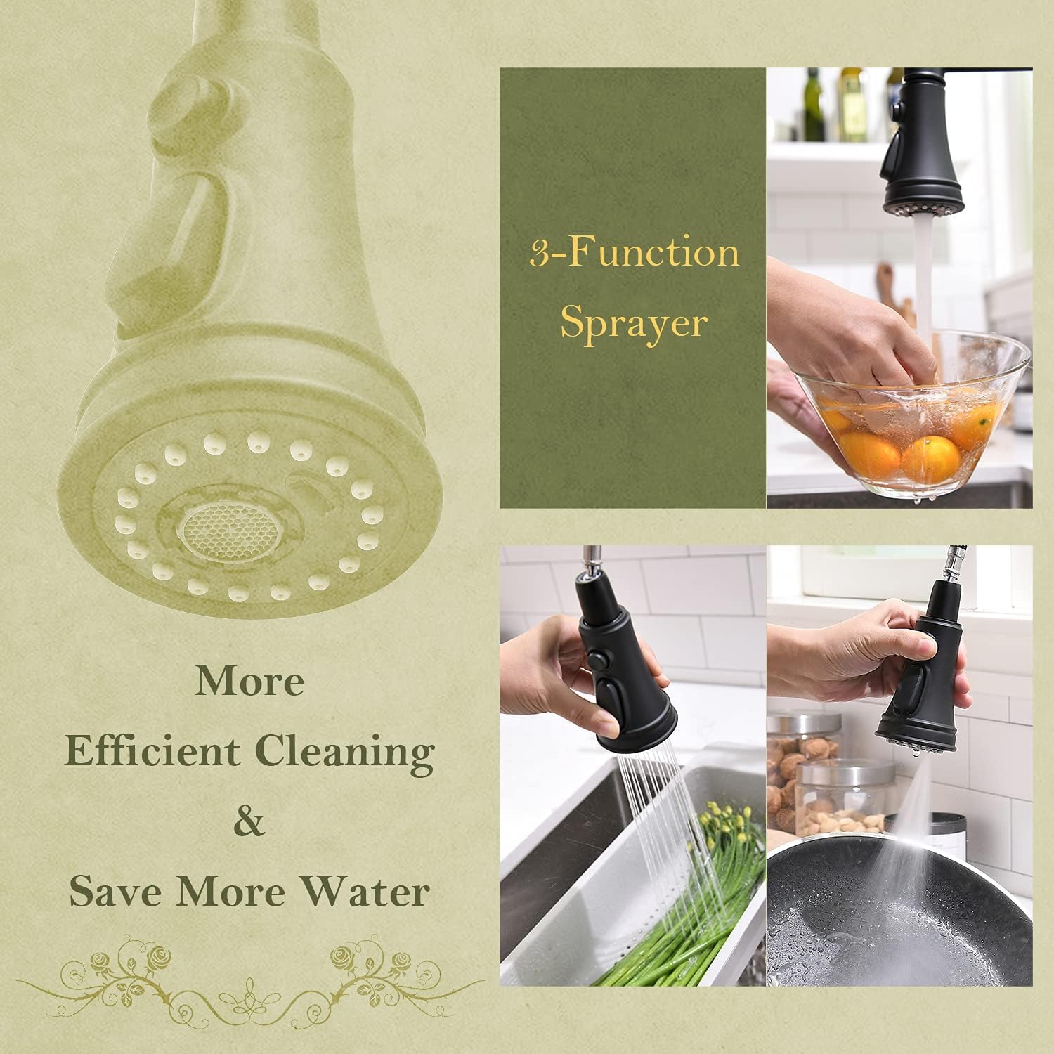 Close-up of APPASO faucet sprayer head showing stream, spray, and blade sweep functions