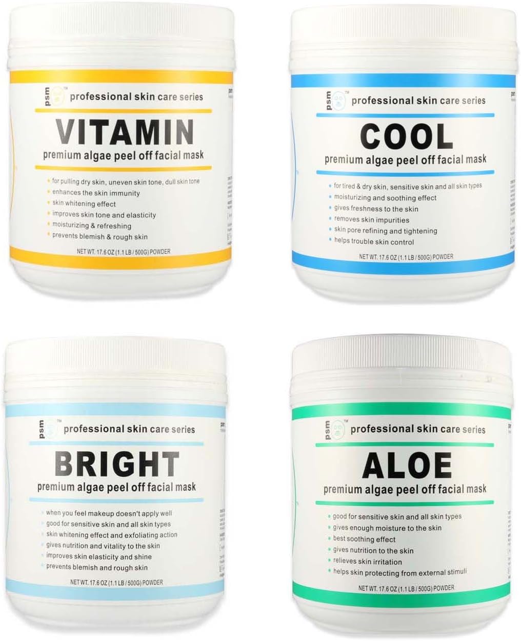 (Set of 4) 1 VITAMIN, 1 COOL, 1 BRIGHT, 1 ALOE psm Premium Algae Peel Off Facial Mask Powder 17.6 OZ (1.1LB / 500g EA)
