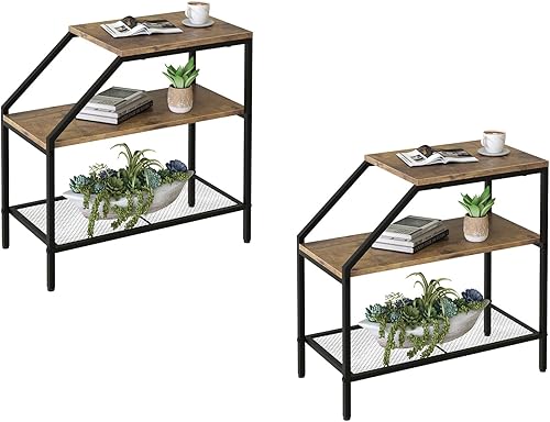Wolawu Mesa auxiliar de 3 niveles, 2 piezas, mesita de noche de madera con estante de escalera de almacenamiento, mesa auxiliar industrial para sofá