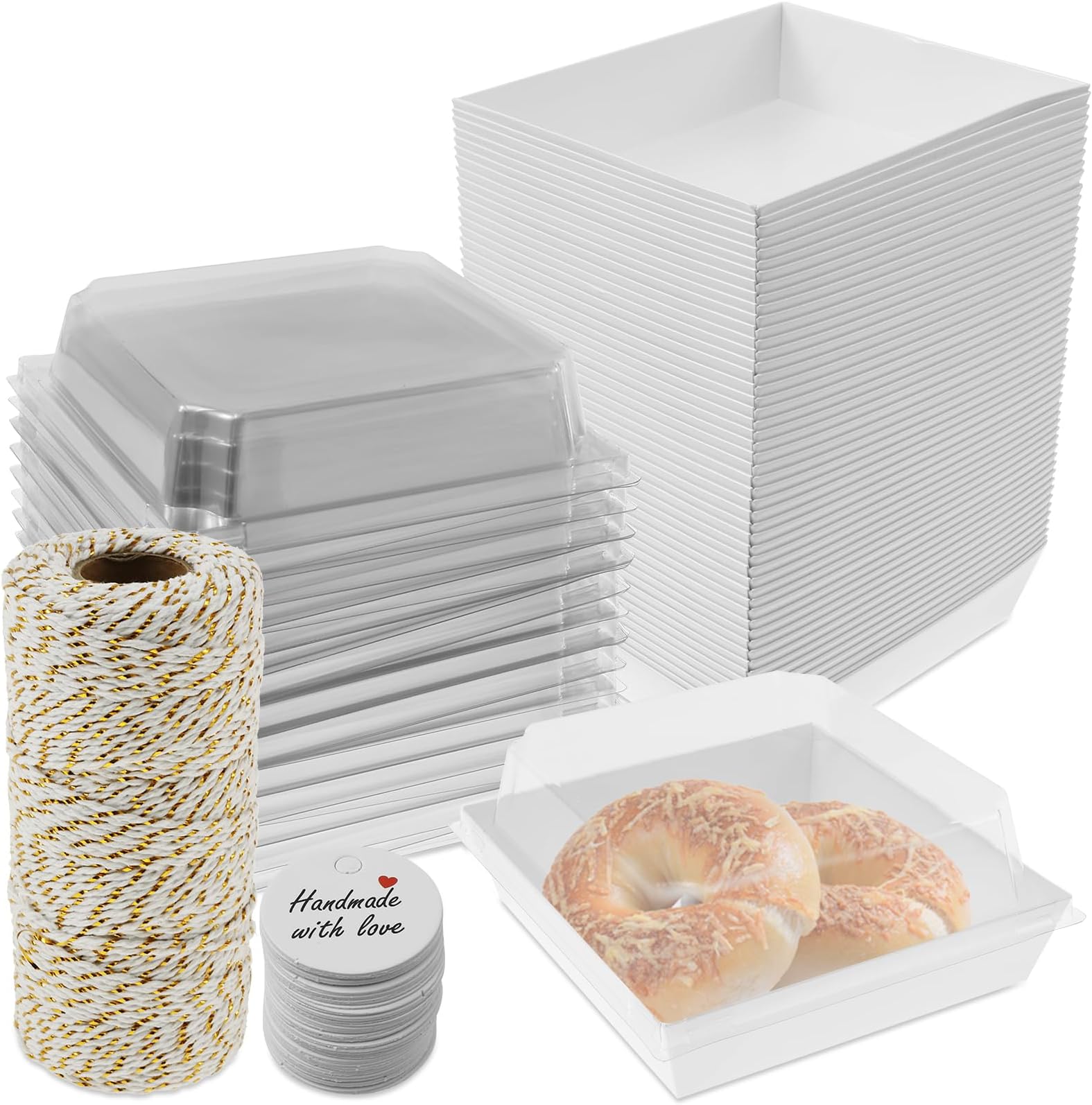 50 Pack Cake Boxes for Cake Portions, Paper Sandwich Platter Trays with Clear Lids Oil Proof & Leak Proof Mini Charcuterie Dessert Boxes for Sandwiches Cakes Pastries(white)