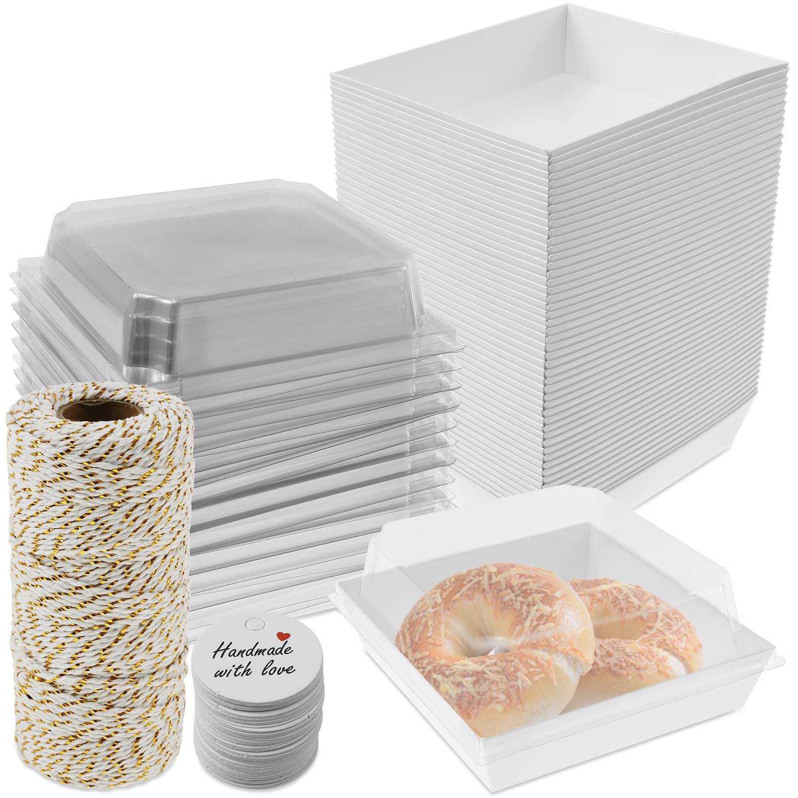 Shaojian White 50 Pack Cake Boxes For Cake Portions, Paper Sandwich Platter Trays With Clear Lids Oil Proof & Leak Proof Mini Charcuterie Dessert Boxes For Sandwiches Cakes Pastries(White)