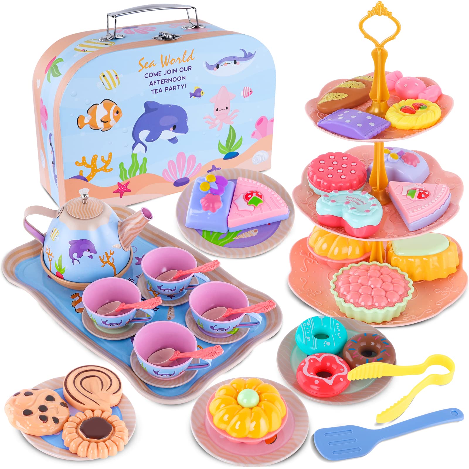 REMEL45Pcs Sea Tea Party Set for Little Girls, Princess Tea Time Toy with Food Playset Cookies Doughnut Dessert Tower Carrying Case, Kids Kitchen Pretend Play Tea Set for Age 3-6