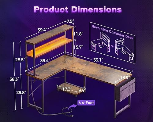 Miniatura 3 de ODK - Escritorio en forma de L de 53 pulgadas con iluminación LED, escritorio reversible para juegos con tomas de corriente, mesa de computadora