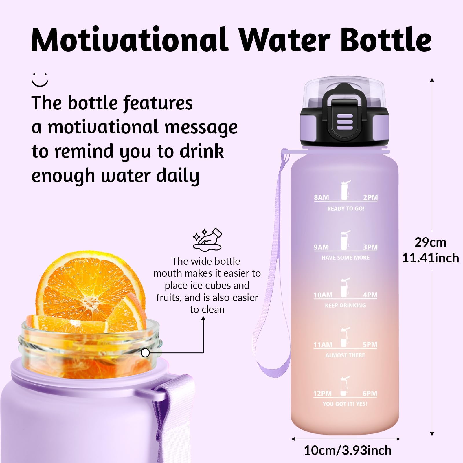 Borraccia 1500 ml, Prova di Perdite, Borraccia Motivazionale, Sportiva Tempo, Borraccia Sportiva Lavanda chiara & Rosa chiaro