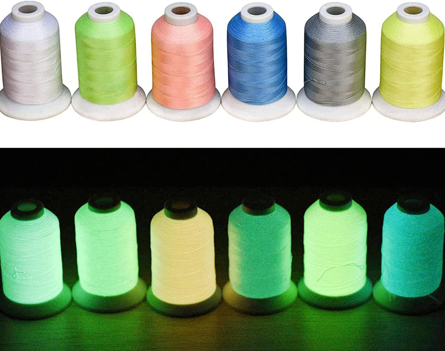 Glow-in-The-Dark Embroidery Machine Thread, 6 Colors, 1000 Yards, 30WT, 100% Polyester with Long-Lasting Glow - Perfect for Music Festivals, Parties, Raves & More