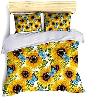 WishColorful Sunflowers Duvet Cover Set Queen Size, 3 Piece Butterfly Yellow Flowers Bedding Sets Bedroom Decor for Teens Men Women,NO Comforter or Filling