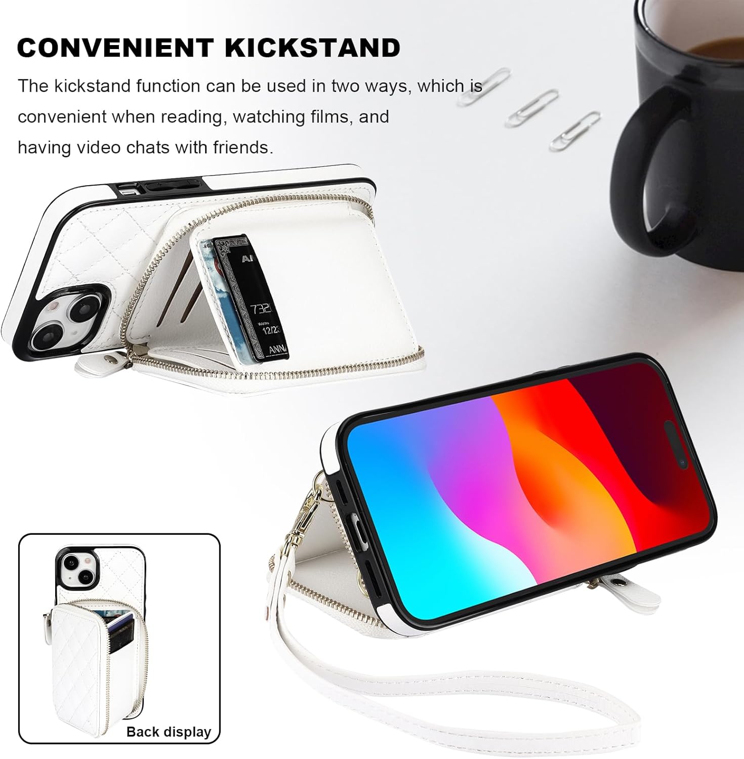 Bocasal Crossbody Wallet Case for iPhone 15 Plus, RFID Blocking PU Leather Zipper Handbag Purse Flip Cover, Kickstand Folio Case with Card Slots Holder Wrist Strap Lanyard 5G 6.7 Inch (White)