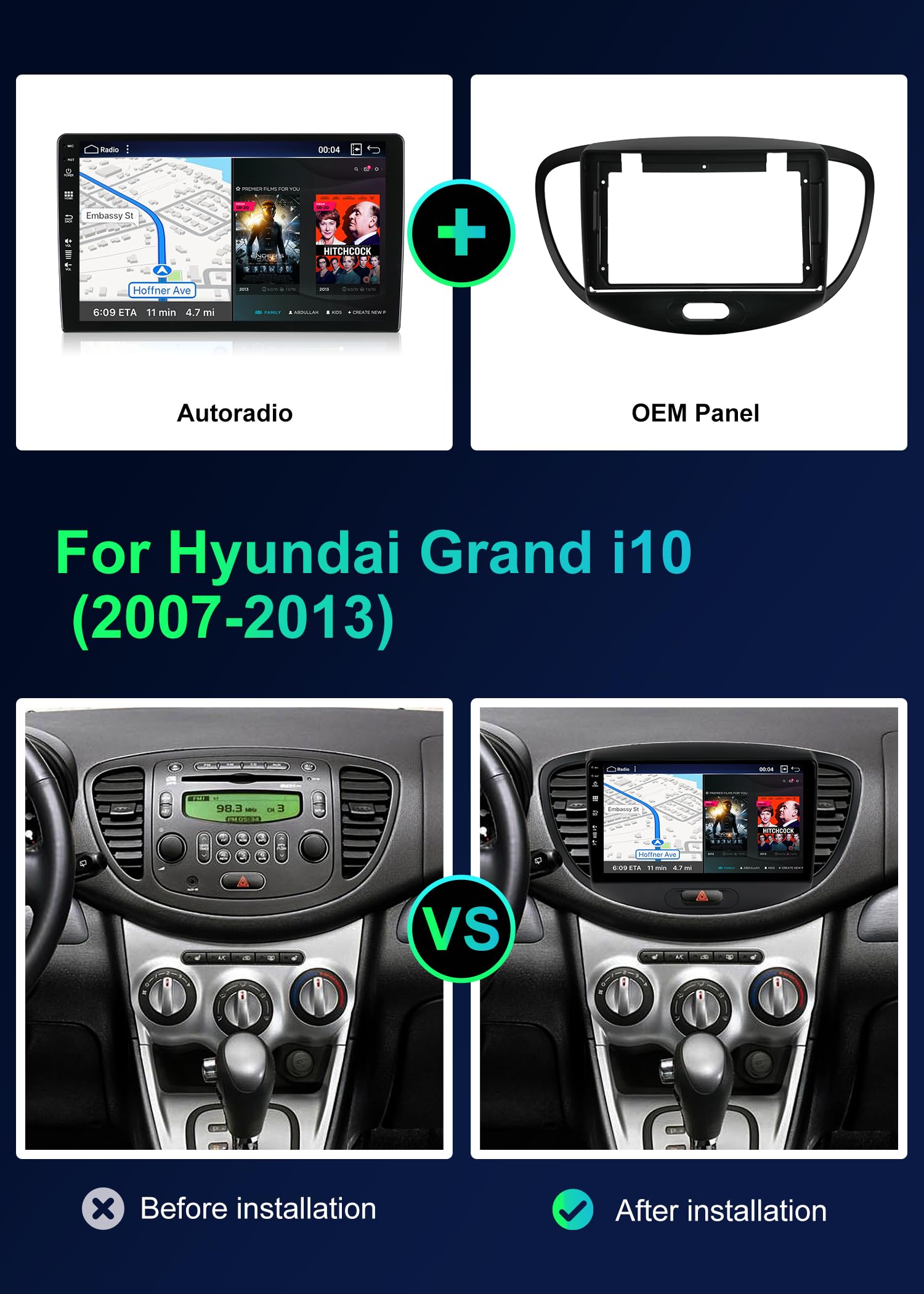 Ossuret Autoradio pour Hyundai I10 (2007-2013), 9 Pouces Android 14 écran Tactile 2 32 Go Navigation GPS avec Carplay Android Auto WiFi Bluetooth Commande au Volant USB TPMS OBD2 Ossuret Autoradio pour Hyundai I10 (2007-2013), 9 Pouces Android 14 écran Tactile 2 32 Go Navigation GPS avec Carplay Android Auto WiFi Bluetooth Commande au Volant USB TPMS OBD2