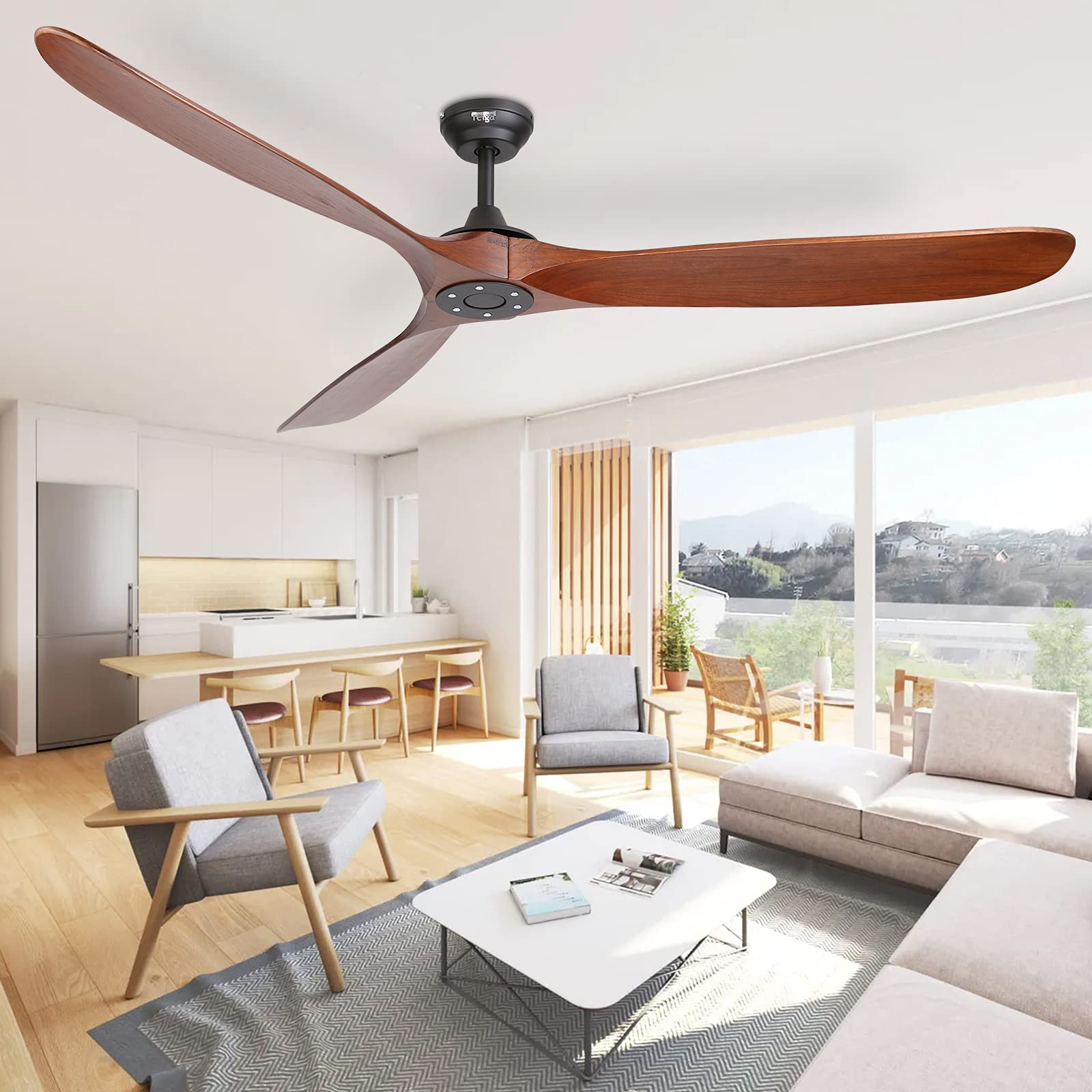reiga 70" Modern Solid Wood Blades Ceiling Fan with App, Alexa, Google Home, Remote Control, 6-speed Reversible DC Motor for Indoor / Outdoor
