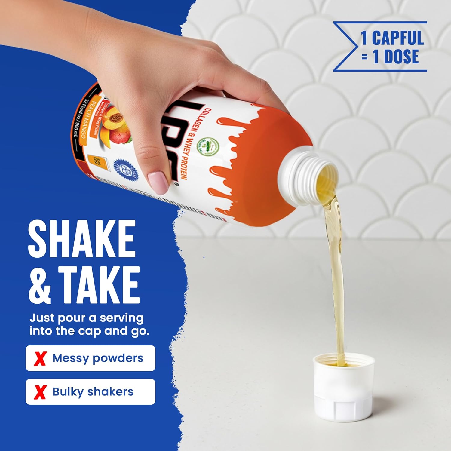 LPS Liquid Collagen & Whey Protein Supplement - Sugar-Free, Dye-Free, Non-GMO Drink - Hydrolyzed Collagen & Whey Peptides Promotes Healthy Skin & Hair for Men & Women, Peach Mango, 32 fl oz image 5 of 8 B07GKWRGTL