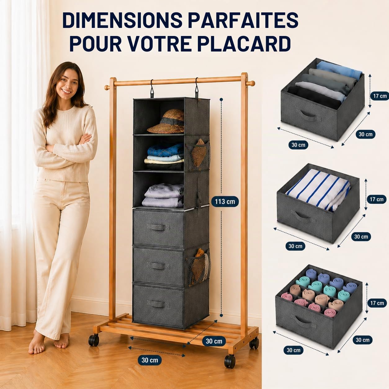 Organisateur de placard suspendu à 6 étagères pliantes en 2 modules de 3 avec 2 poches latérales et étagères en tissu renforcées, économise de l'espace et gardez les vêtements pliés sans plis