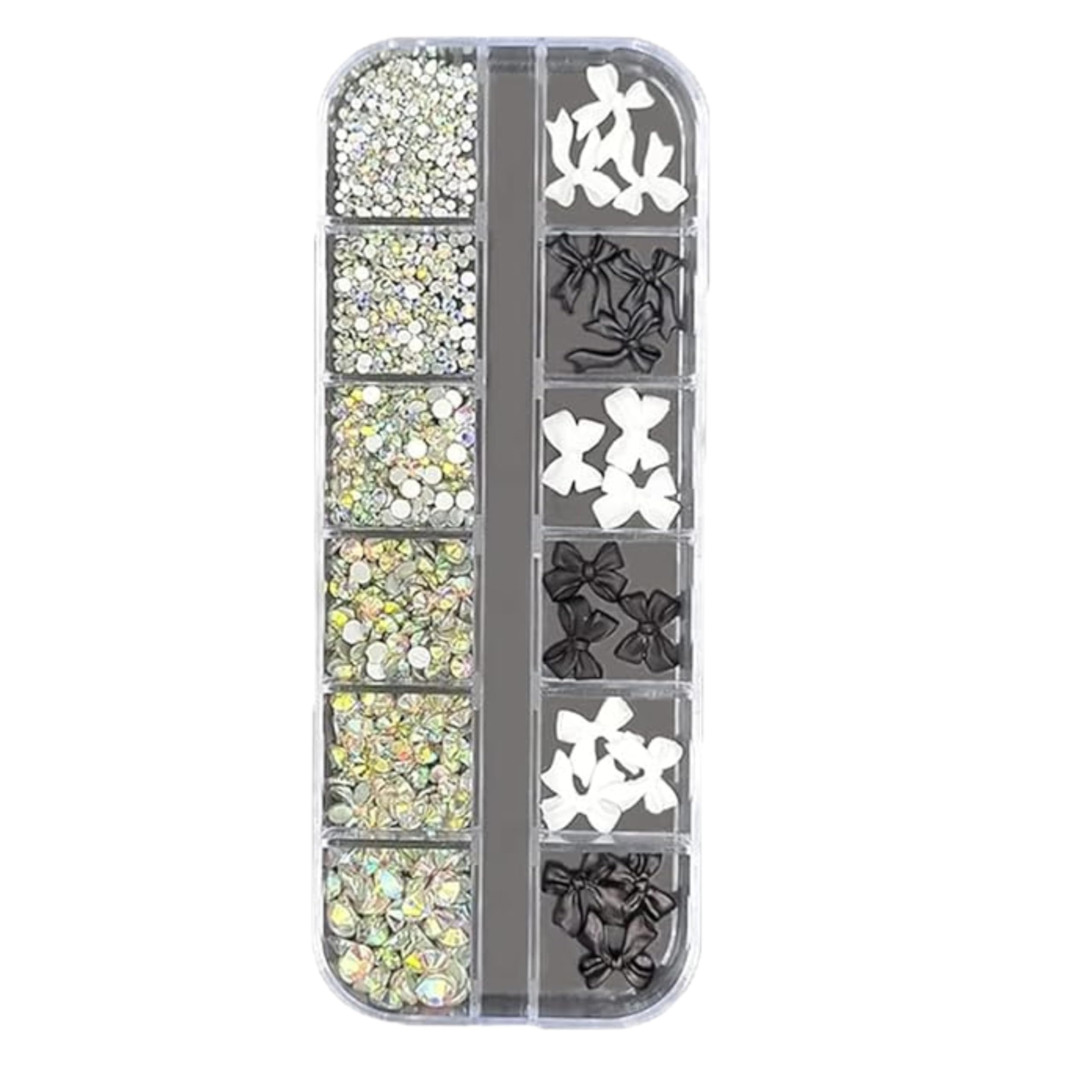 Nail Art Rhinestones & 3D Bow Set – 12 Grid Box with Crystal Gems, Black & White Bow Charms for Nail Decoration, DIY Manicure Accessories Kit-image-5