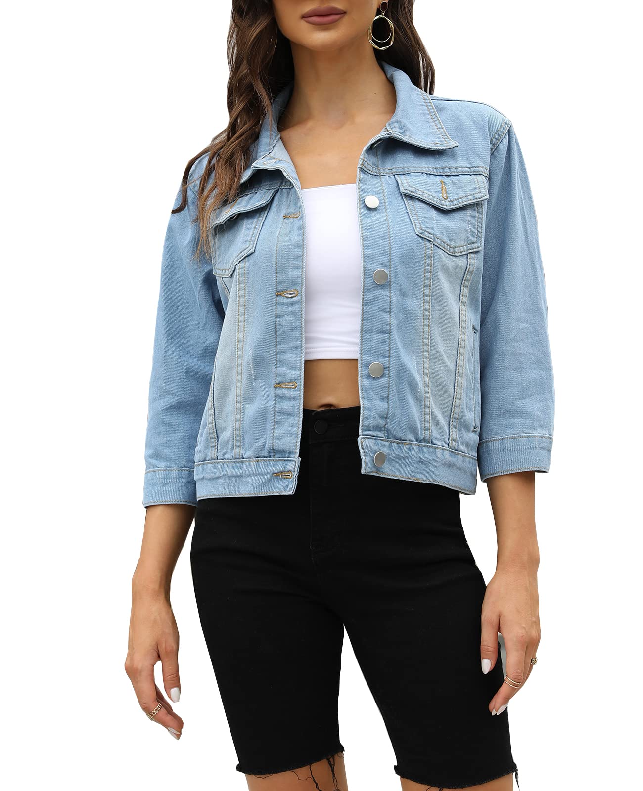 SCOFEELCropped Denim Jacket for Women 3/4 Sleeve Distressed Light Wash Jean Jacket