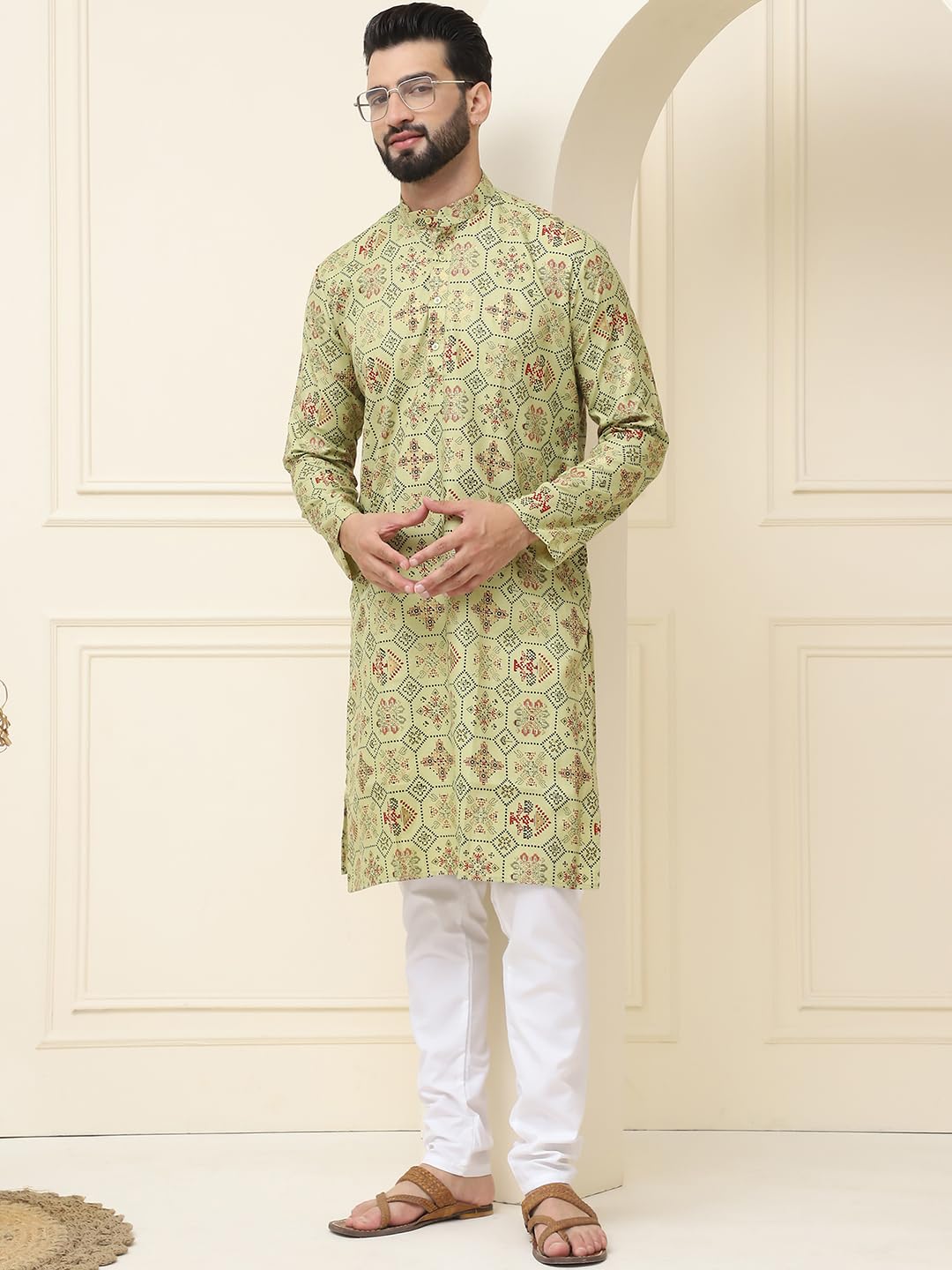 Sojanya (Since 1958 Men's Cotton Blend Pista Green Printed Kurta And White Churidar Pyjama Set