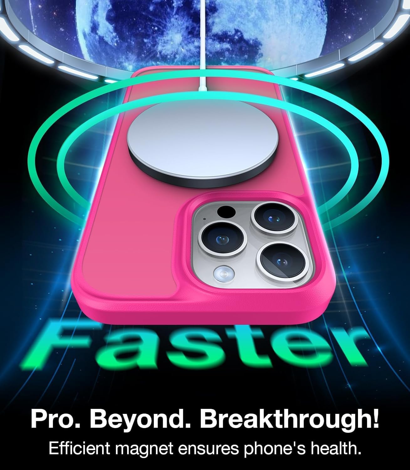A hot pink iPhone 15 Pro Max case with a MagSafe charger attached, showing green and blue glowing rings indicating fast charging.