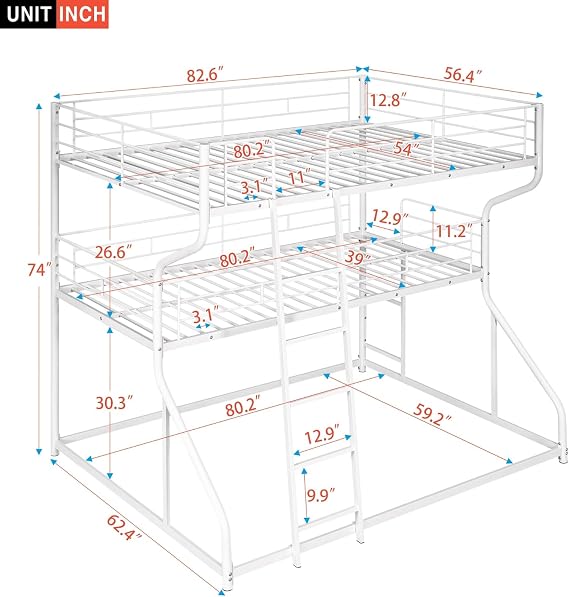 Extra Large Triple Bunk Bed Full/Twin/Queen with Long & Short Ladders, Finish