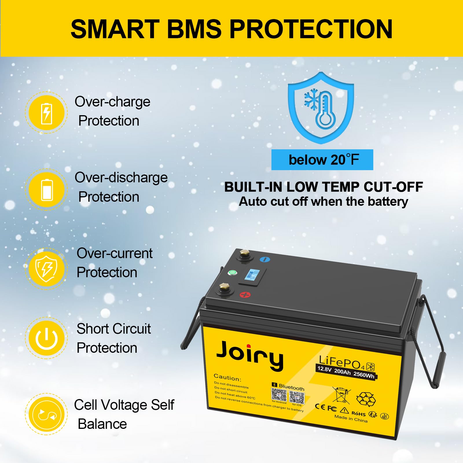 Joiry LiFePO4 Batería 12V 200Ah 2560Wh Bluetooth bateria Litio Fosfato de Hierro y Litio Energía de Emergencia con más de 5000+ Protección BMS para Panel Solar, RV, Marina, Golf