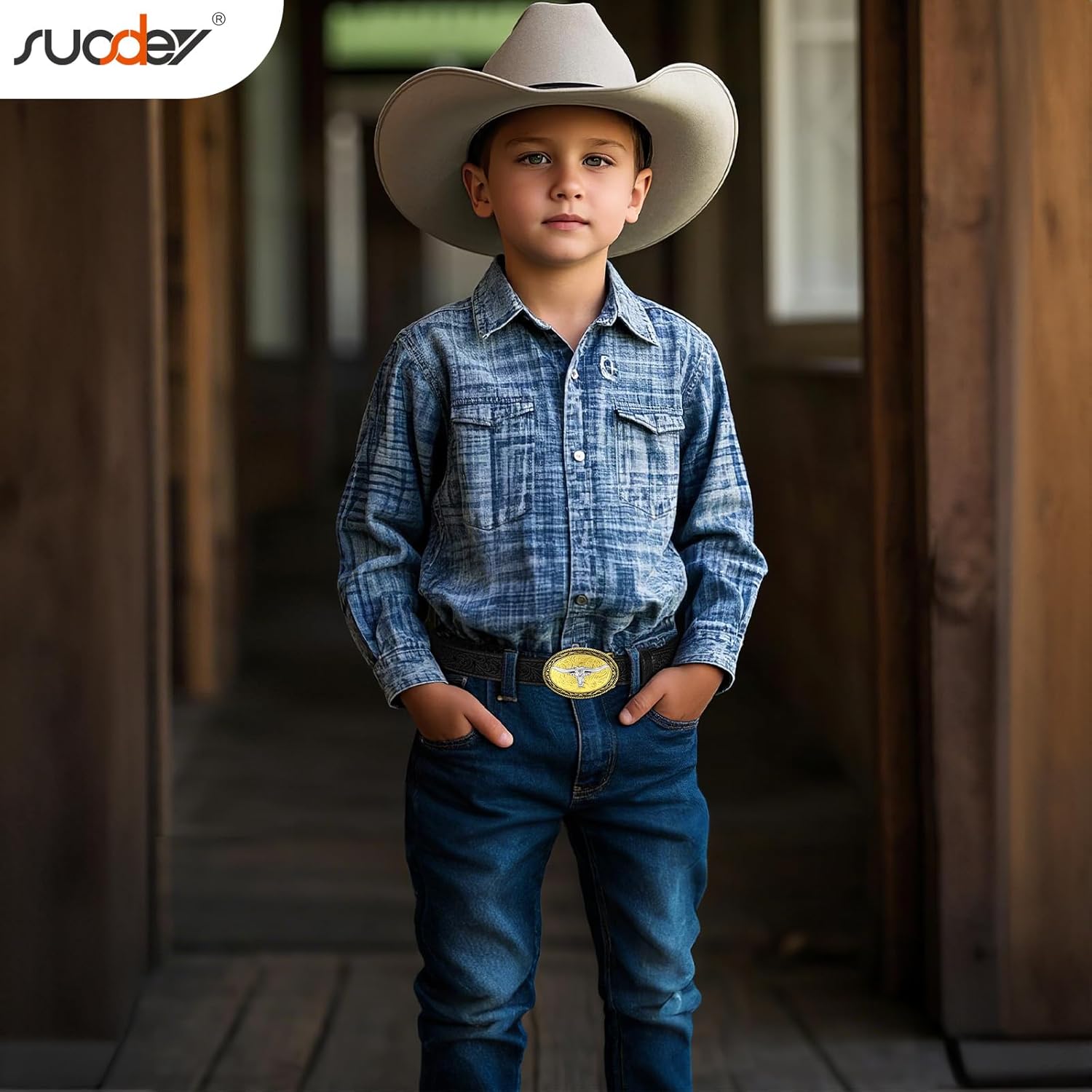 SUOSDEY Kids Western Belt for Boys Girls,Toddler Youth Cowboy Cowgirl Genuine Leather Belt with Longhorn Bull Buckle - Image 3