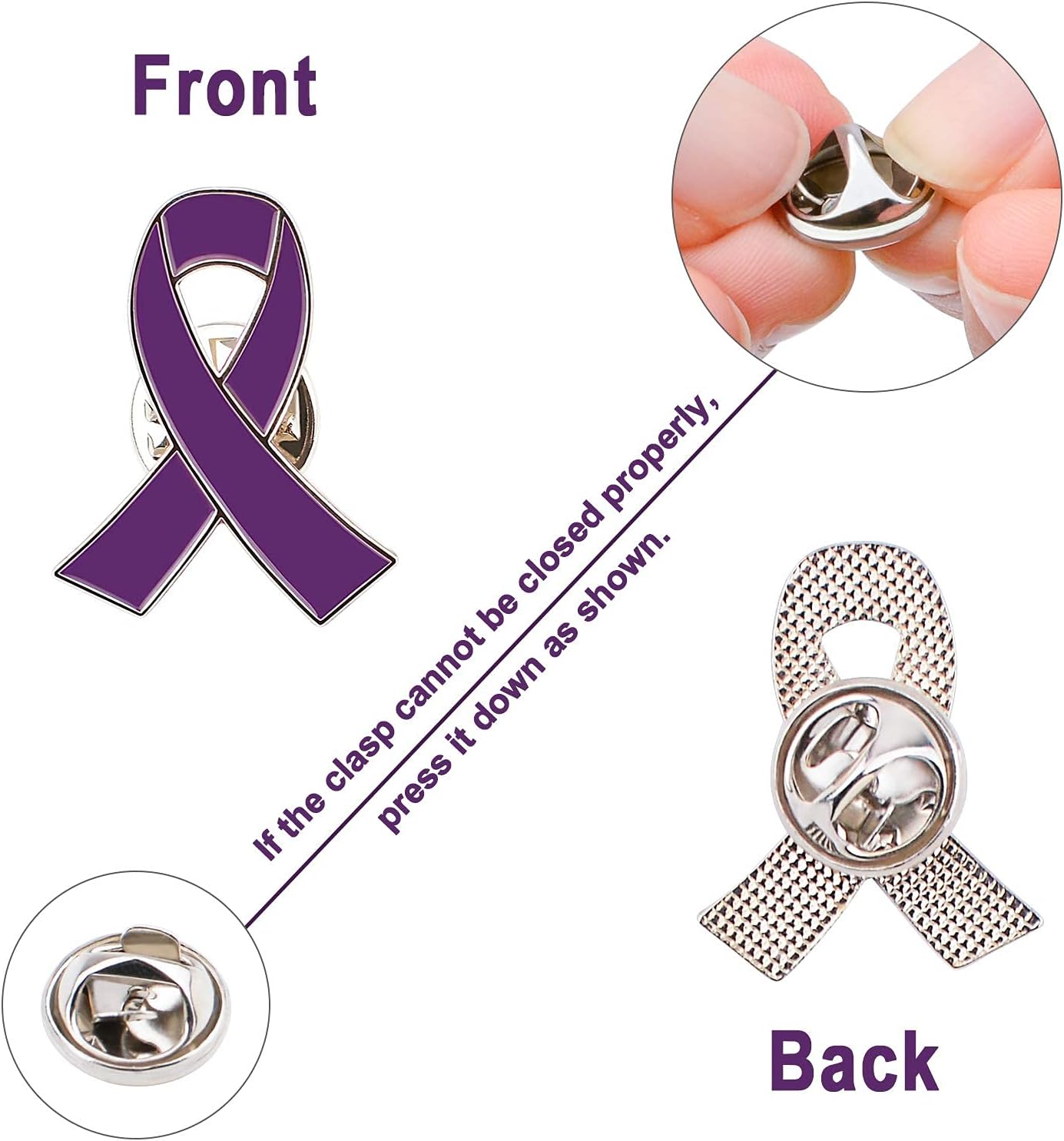 WANDIC 20 Purple Ribbon Label Pin and 100pcs Purple Ribbon Satin Pins Paint Badge Domestic Violence, Lupus, Alzheimers, Pancreatic Cancer Awareness Pin with Box