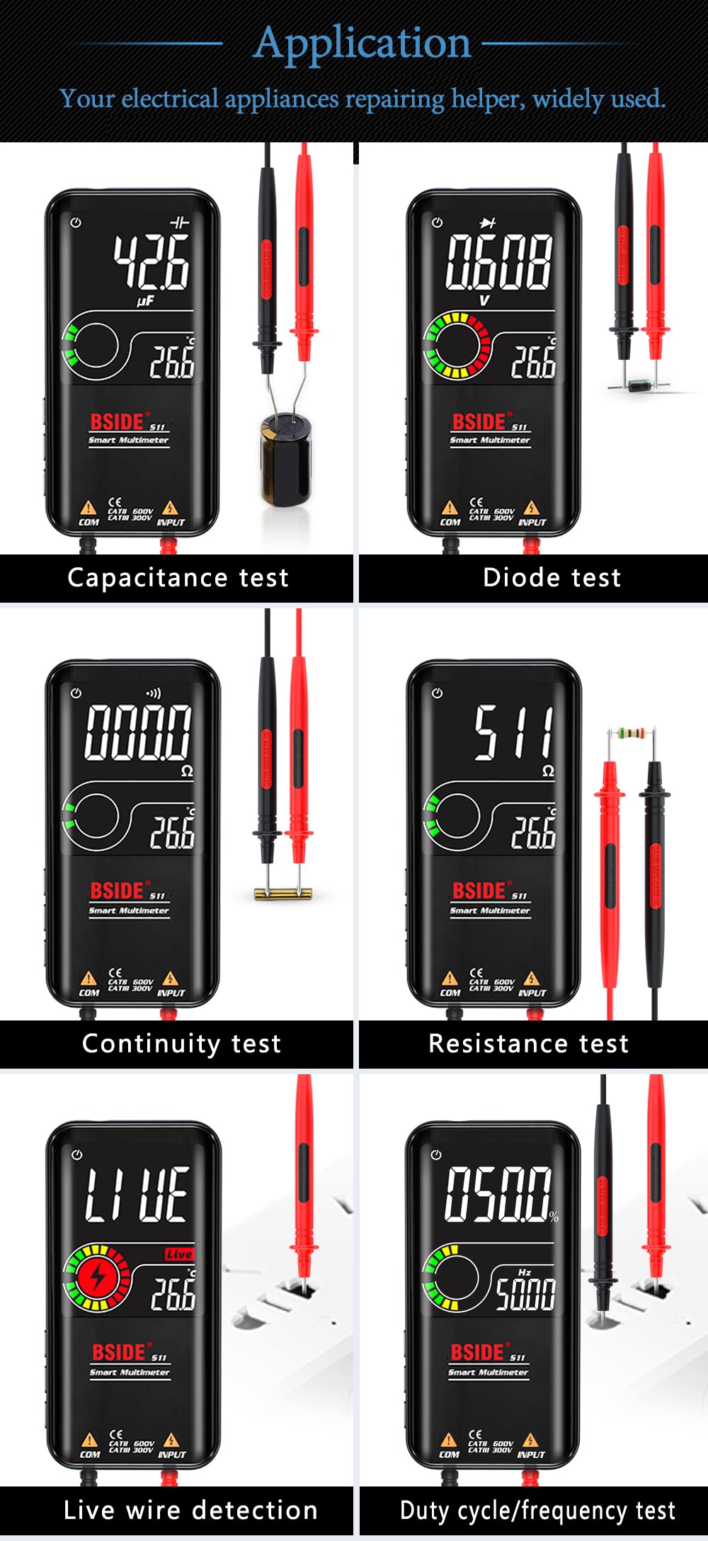 BSIDE S11 - Multimetro digitale per auto Range Multi Tester 10000 Counts Smart Voltmeter, misura AC DC Voltage Ohm Capacitance Frequency Duty Cycle Continuity NCV Reargable Voltage Tester