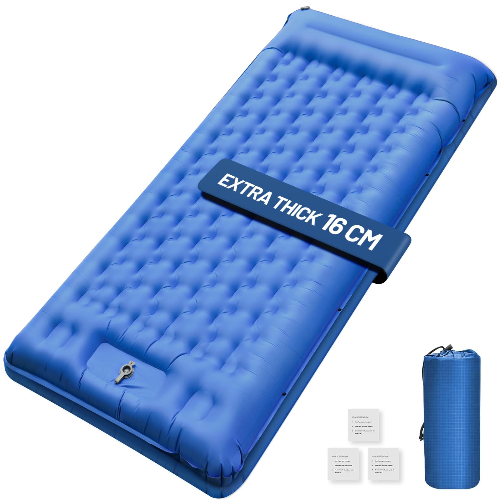 NAPASA Isomatte Camping, 16CM Verdicktes Aufblasbare Matratze mit Eingebauter Fußpresse Pumpe & Kissen, Wasserdicht, Anti-Ripstop Schlafmatte für Wandern, Strand, Reisen, Zelt(Blau)