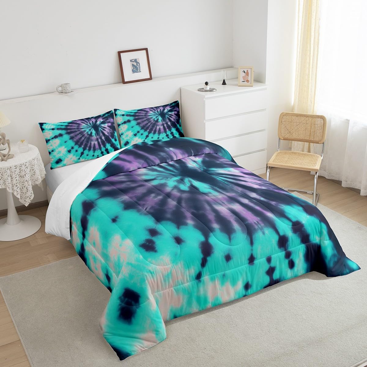 Feelyou Tie Dye Twin Comforter Set Kids - 2 Pieces Boho Trippy Swirl Bedding Set Twin, Teal Purple Bohemian Gypsy Twin Comforter Set with 1 Pillow Case, Soft Quilt Boys