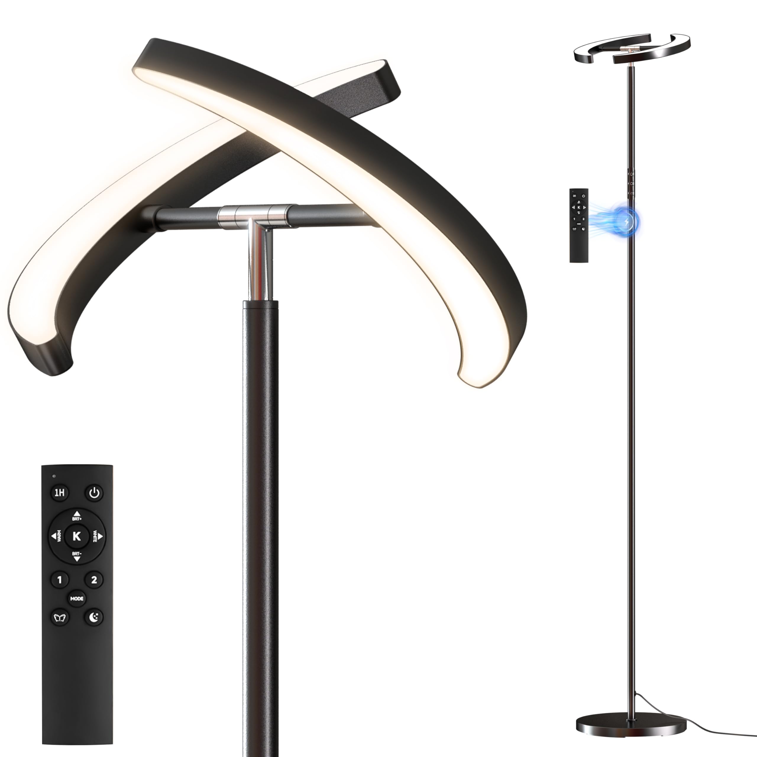 Stehlampe Wohnzimmer, Mukuxin 36W Deckenfluter mit Fernbedienung & Touch-Steuerung, 3000-6000K 2600lm Stehlampe mit 2 Leuchtenköpfen, Moderne Dimmbar Standleuchte für Wohnzimmer Schlafzimmer Büro