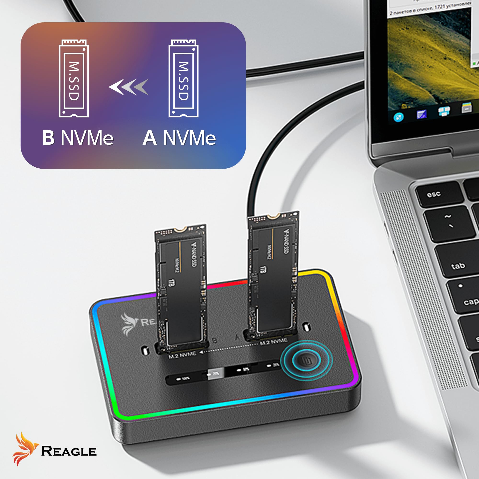 Reagle Stacja dokująca do dysków twardych Pocket Cloning Station NVME PCIe M.2 M Key 2230 / 2242 / 2260 / 2280 USB-C 3.2, 2X 4TB SSD Adpater 20 Gbps