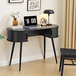 AVZEAR 43" Oval Fluted Home Office Desk, Small Computer Desk Mid Century Modern Vanity Table with Sliding Tambour Door, Wooden Writing Study Desk for Small Spaces, Bedroom, Office(Black)