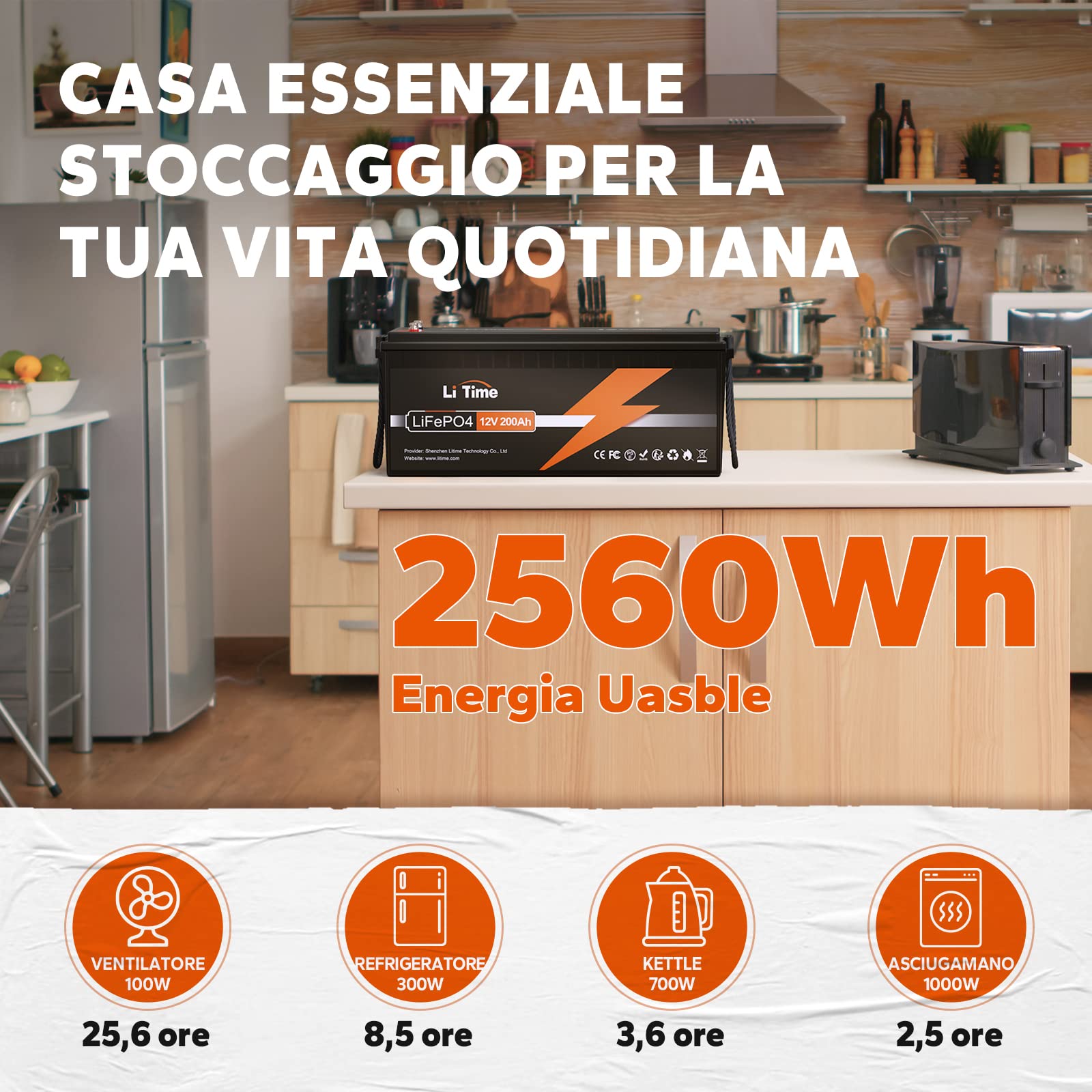 LiTime Batteria Litio 12V 200Ah, Batteria Lifepo4 Fino a 15.000 Cicli, Energia Massima 2,56kWh, Batteria al Litio con BMS 100A Per Caravan, Solare, Barche, Trolling Motors, Applicazioni Off-grid