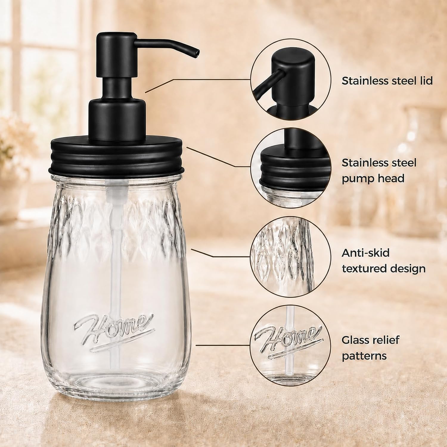 17 oz Mason Jar Soap Dispenser with Stainless Steel Pump,Black,1 Pack