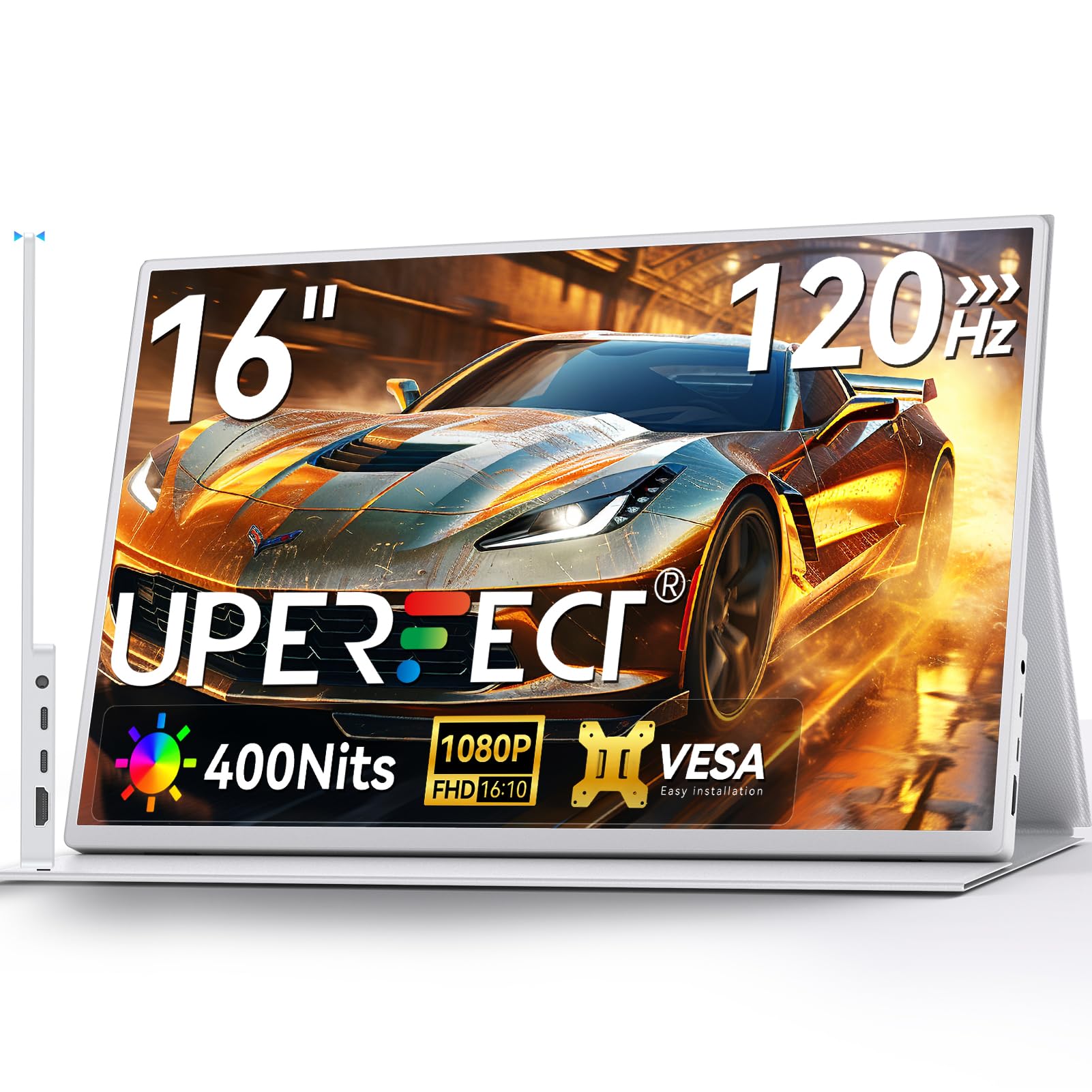 UPERFECT 16" 120Hz Portable Screens with Smart Cover, 106% sRGB 1080P FHD 16:10 Ultra Thin Eye Protection External Second Screen for Laptop/PC/Game Console, Metal Case, VESA Compatible