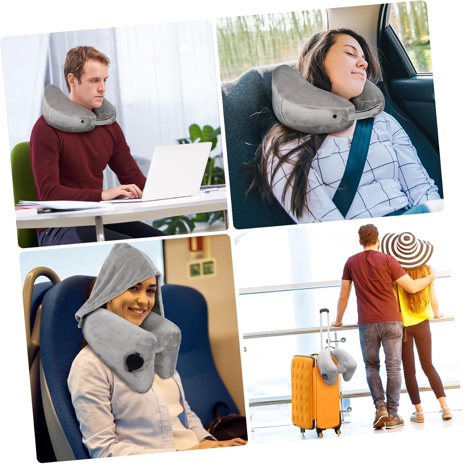 Healifty Inflatable Travel Neck Pillow with Hood for Airplane Use Lightweight PVC U Shaped Headrest Cushion Portable Neck Support for Long Flights Road Trips and Outdoor Shade Protection