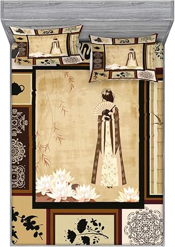 Ambesonne Juego de sábanas bajeras japonesas y fundas de almohada, niña con vestido tradicional y patrones culturales, collage oriental antiguo,
