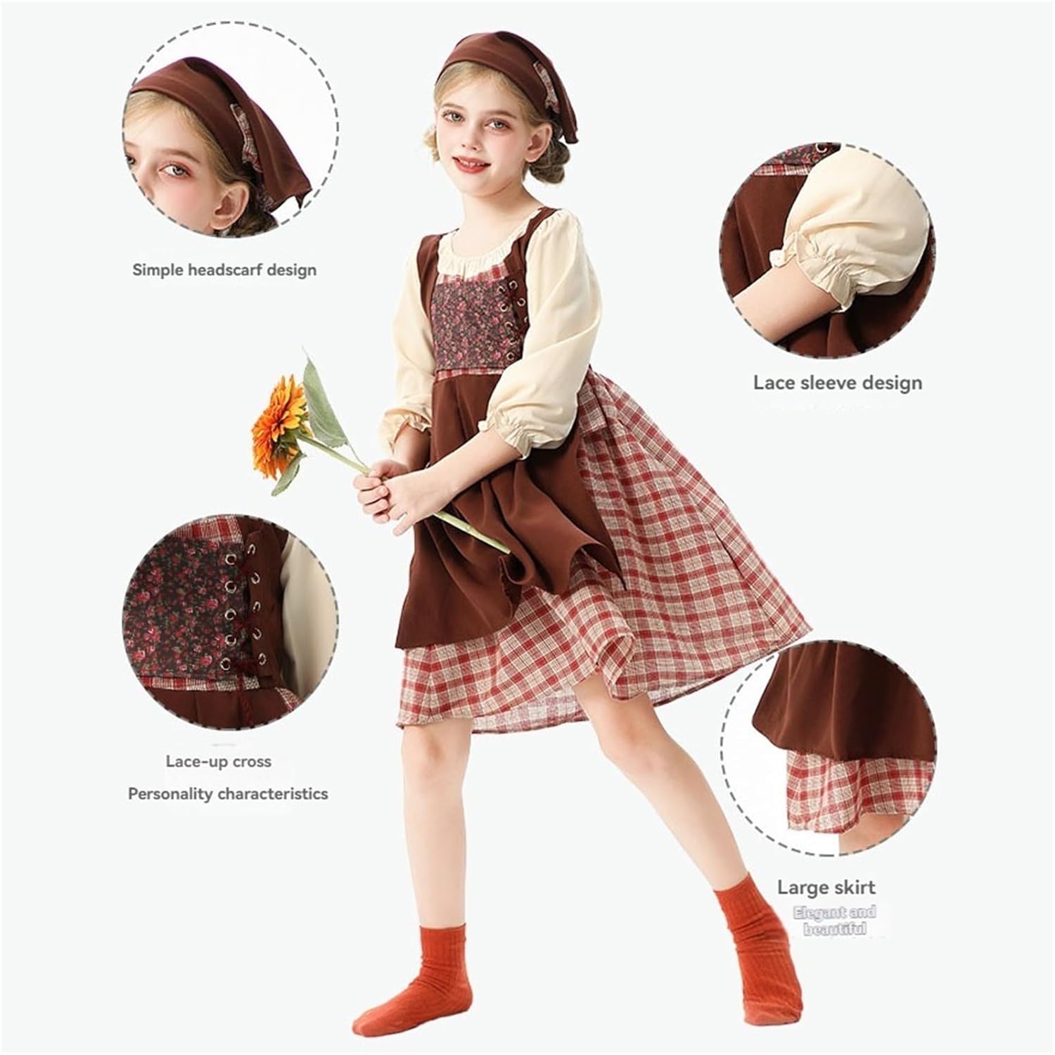 Girl European Countryside Style Floral Dress 2 Piece Medieval Fashion 3/4 Sleeve Skit Halloween Cute Dresses