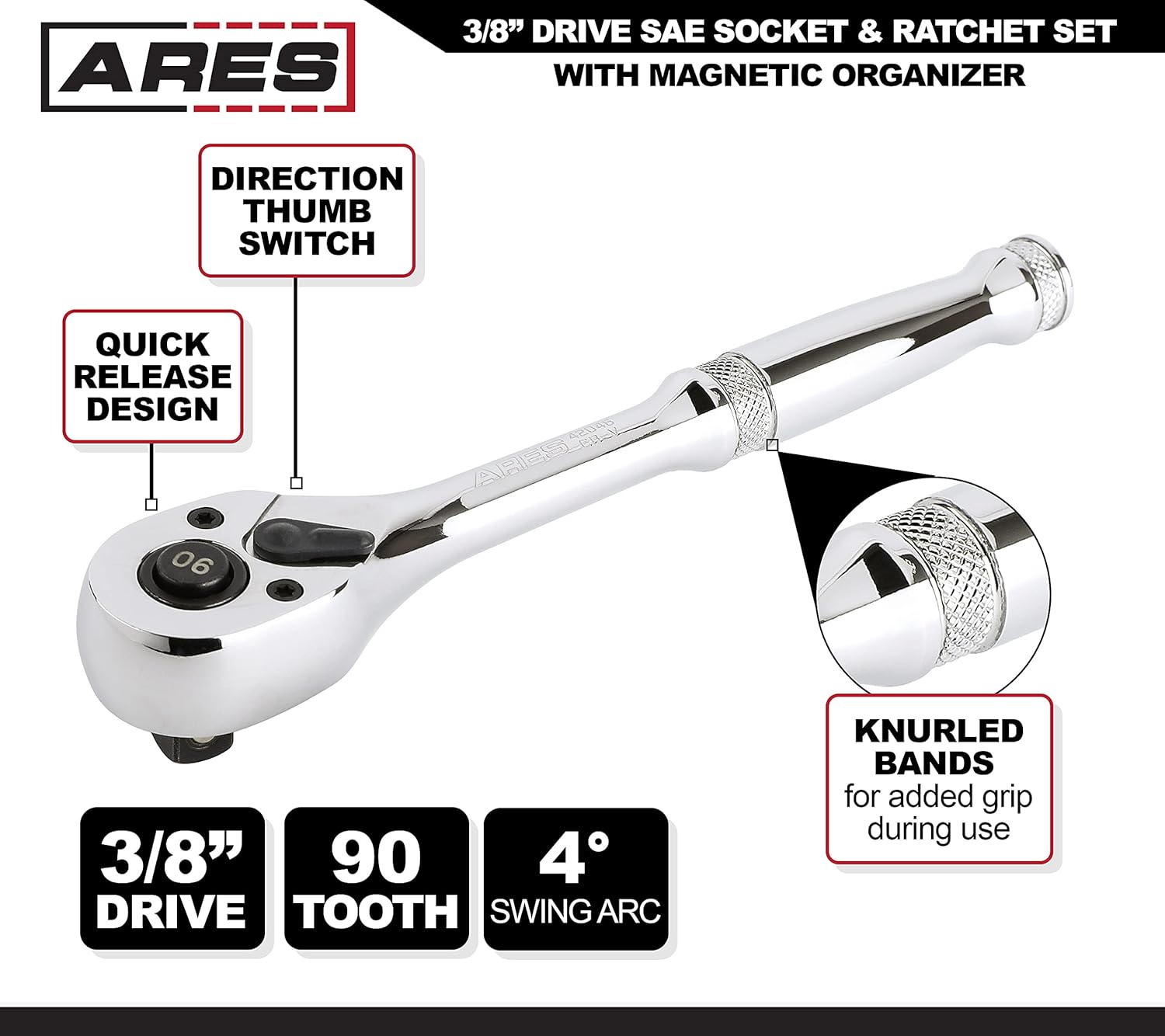 ARES 47007-28-Piece 3/8-inch Drive SAE Socket and 90-Tooth Ratchet Set with Magnetic Organizer - Sizes 1/4-Inch to 1-Inch Shallow and Deep Sockets