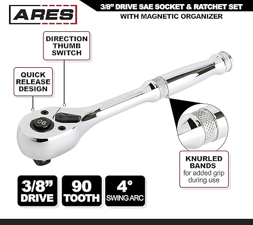 Miniatura 3 de ARES 47007-Juego de 28 piezas de dados SAE de 38 pulgadas y trinquete de 90 dientes con organizador magnético, tamaños de 14 a 1 pulgada de zócalos