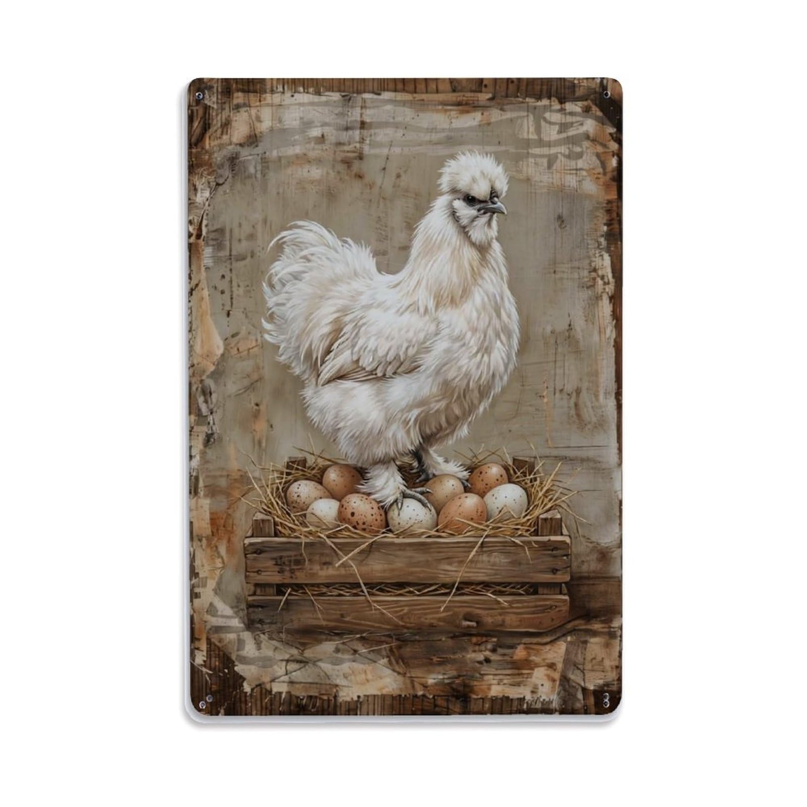 Silkie Chicken Farm Fluffy Feathers Poultry Vintage Metal Tin Sign Plaque Wall Decor for Cafe, Club, Garden Metal Poster 8x12Inch