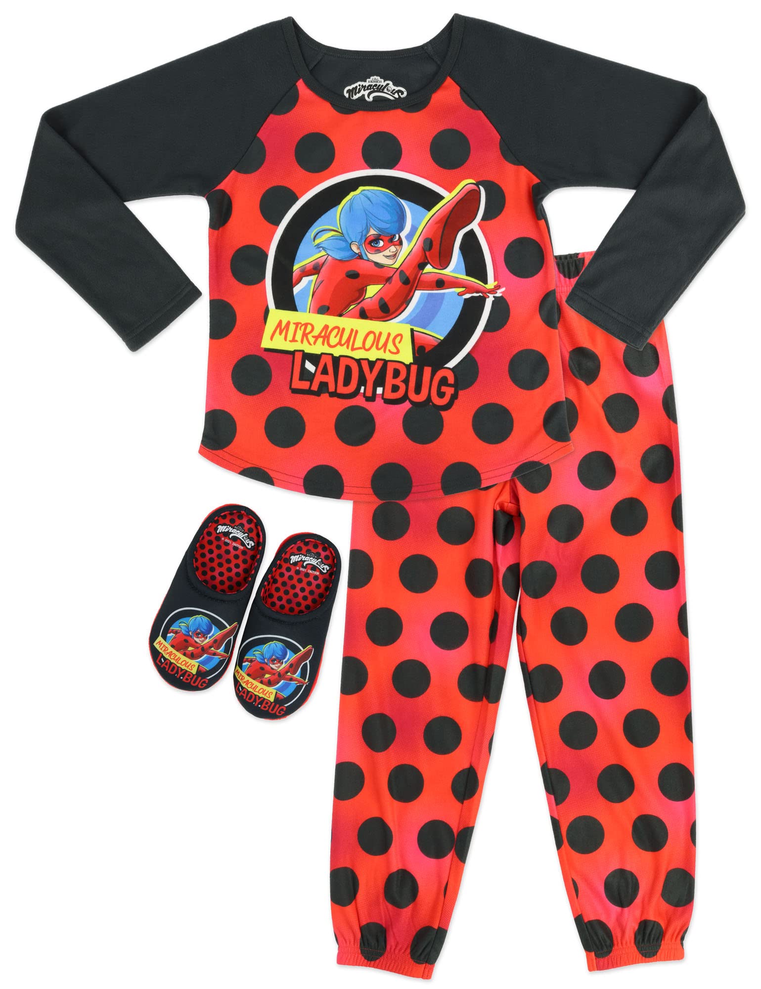 Miraculous Ladybug Girls' Pajama Set 2-Piece Jersey PJs with Cozeez  Slippers Gift Set