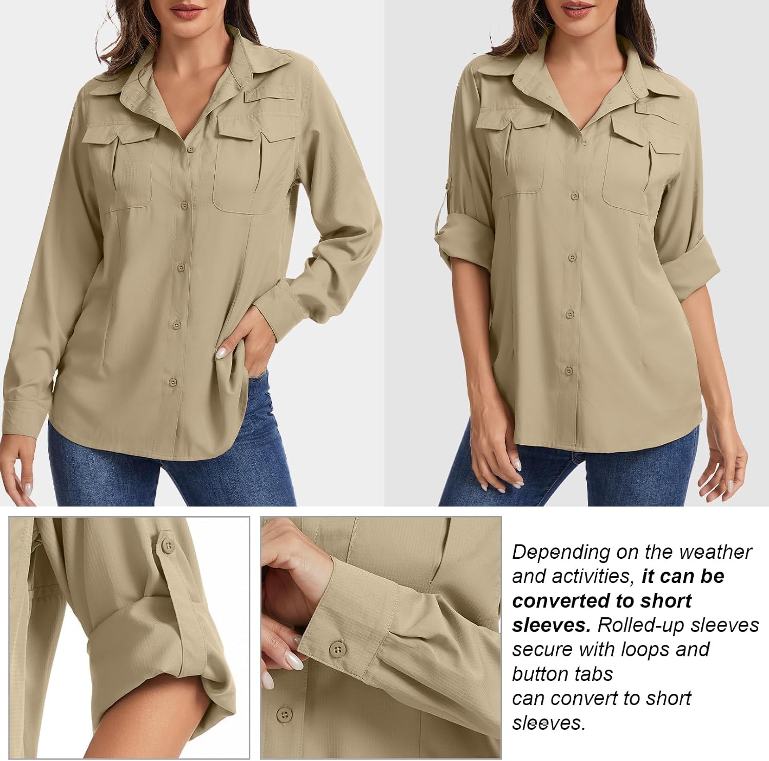Women's UPF 50 Safari Shirt Long Sleeve, Quick Dry UV Sun Protection Shirt for Fishing, Hiking, Gardening
