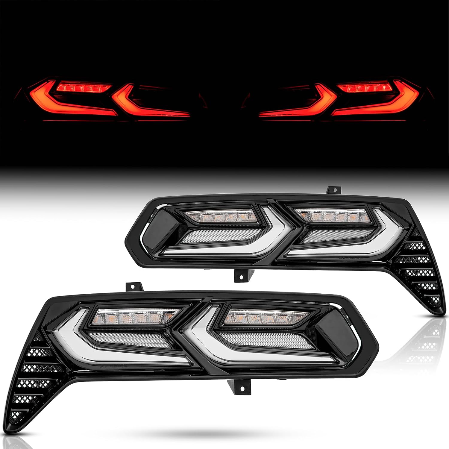 C8 Style LED Tail Lights Assembly for 2014-2019 Chevy Corvette C7 7th Gen Taillights Rear Brake Light w/Sequential Turn Signal Driver & Passenger Side, Black Housing Clear Lens